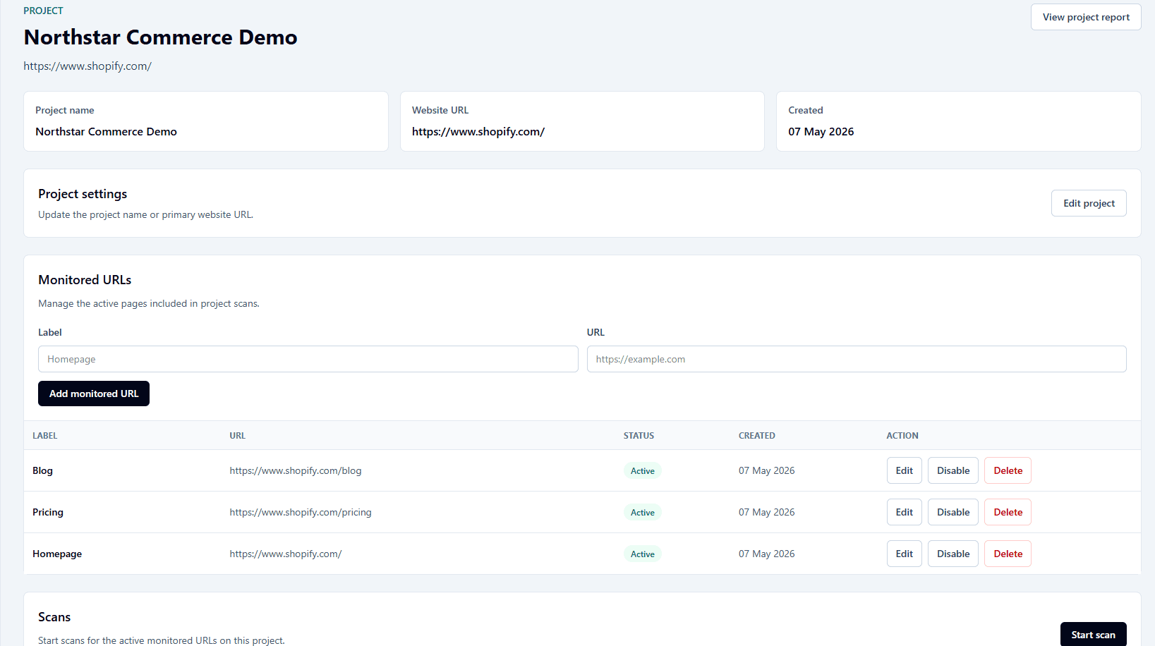 AccessOps project page showing monitored URLs and scan history.