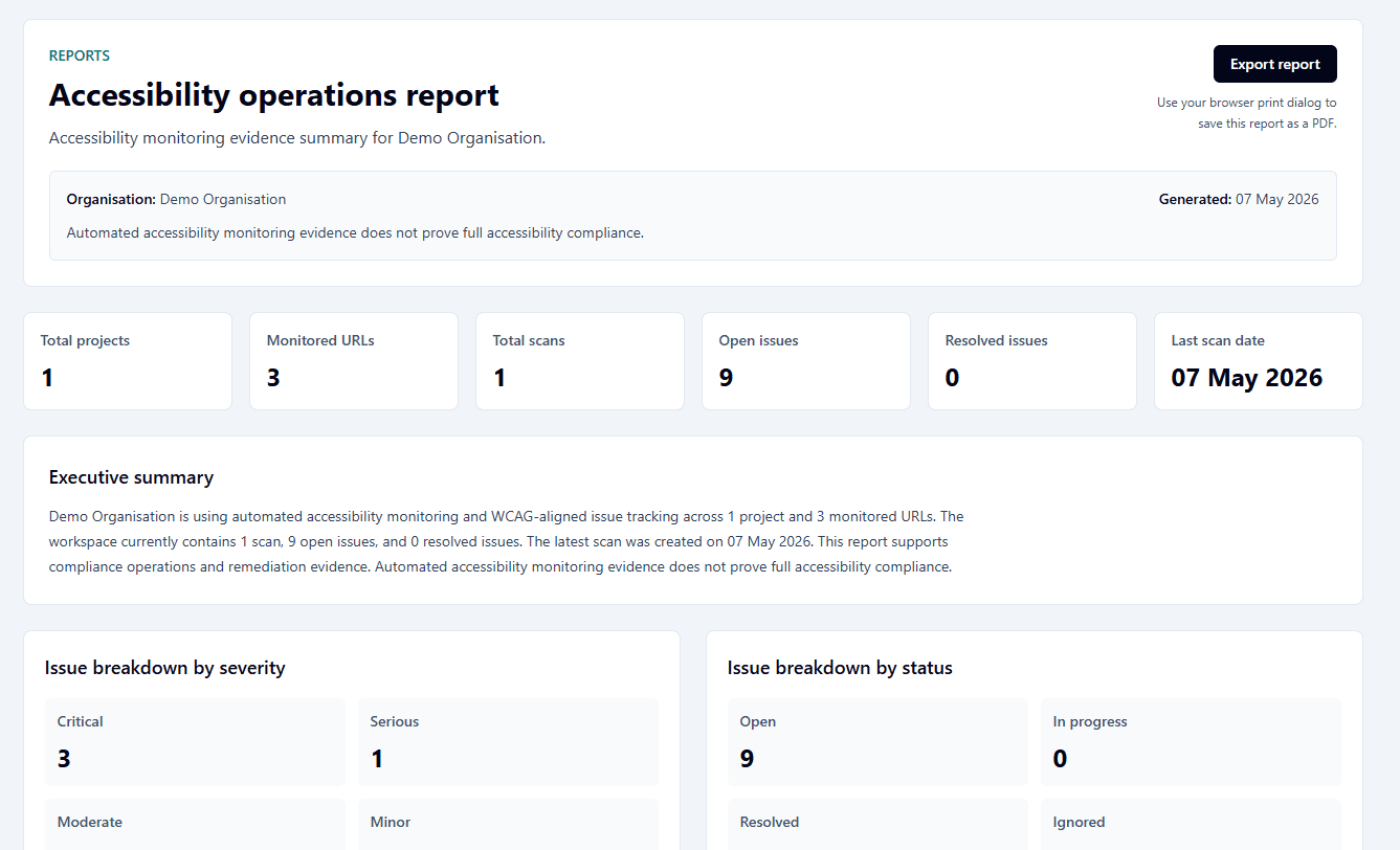 AccessOps report page showing accessibility monitoring evidence summaries.